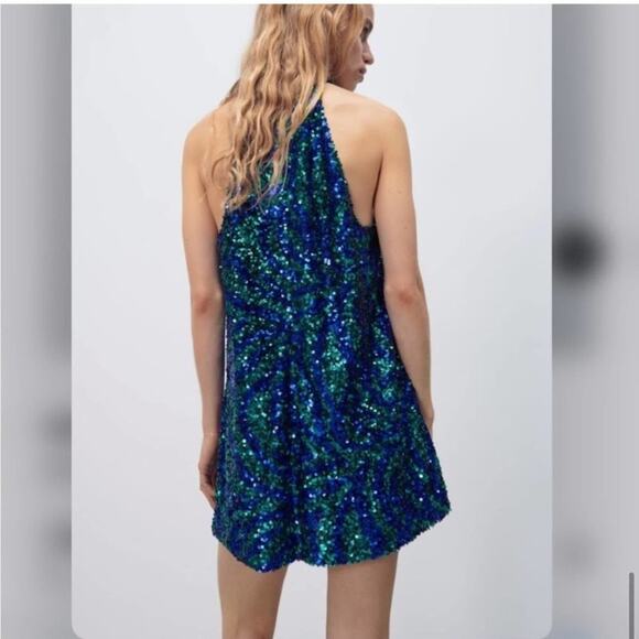 Zara Blue and Green SEQUIN HALTER DRESS - Picture 9 of 12